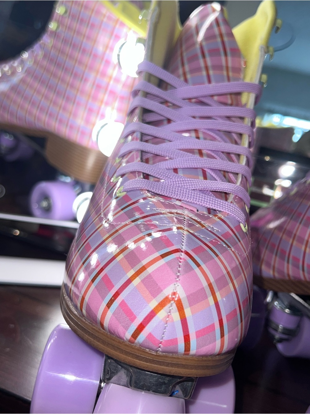 NWOB DollsKill Pink Plaid Roller Skates with Lavender Wheels